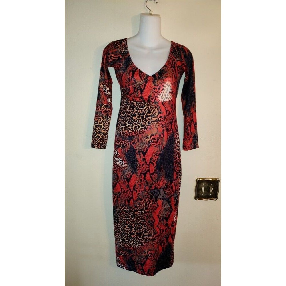 Women's Nice Shein Burgundy Red Black Midi Snake Print Dress Size 4